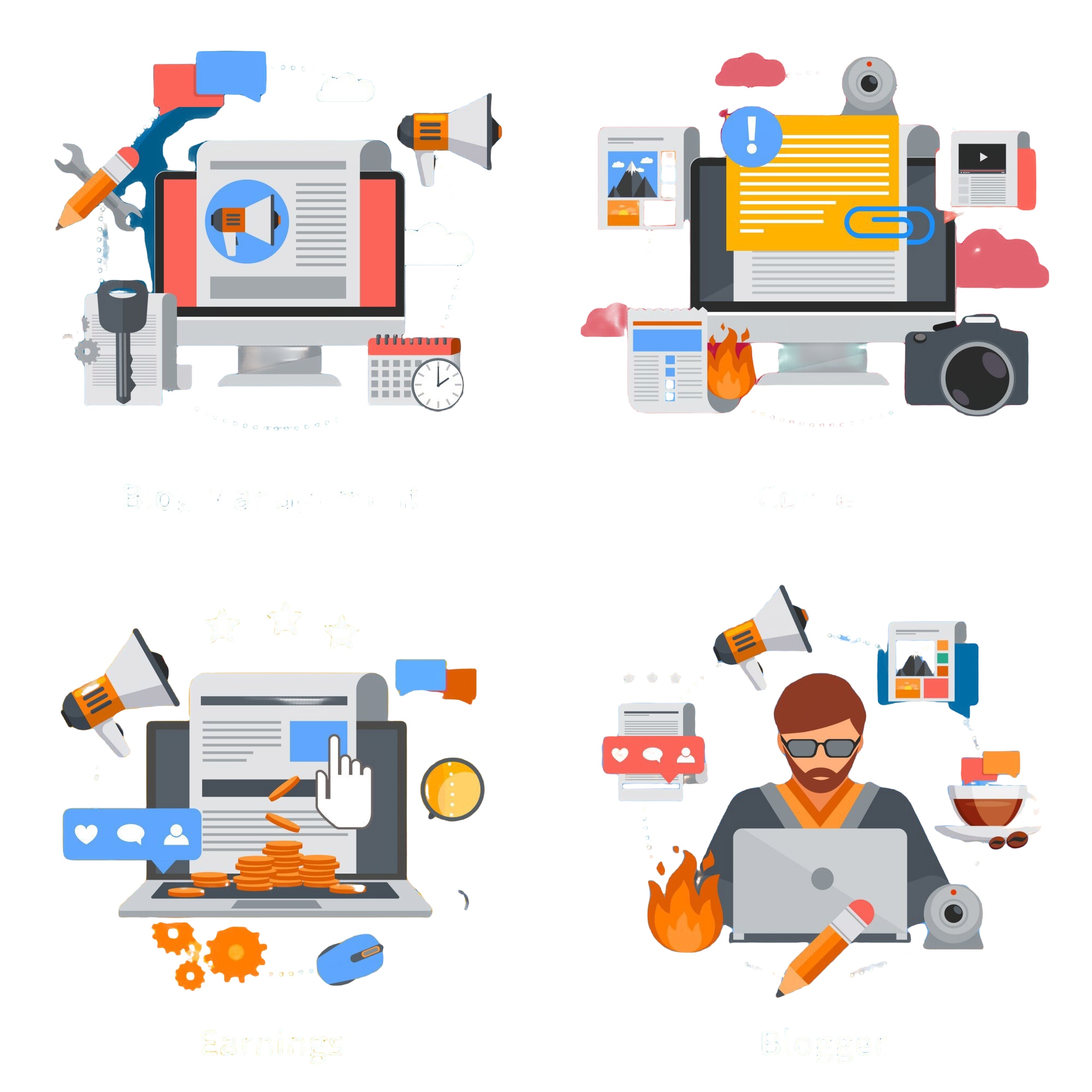 blogging-flat-elements-character-set-with-blogger-blog-management-content-earrings-colorful-backgrounds-isolated-vector-illustration